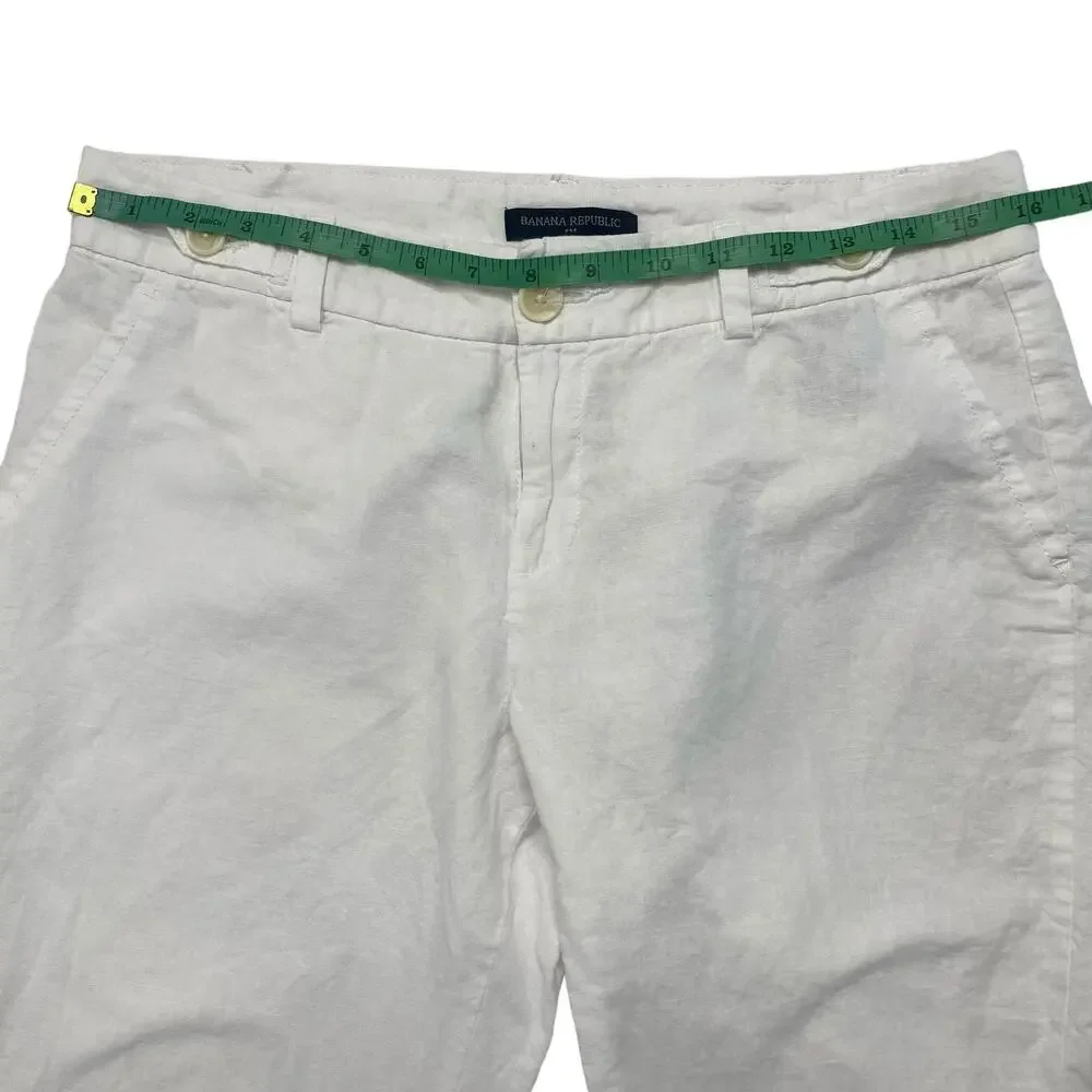 BANANA REPUBLIC White Linen Blend Crop Straight Leg Pants Size 8 Petite Coastal